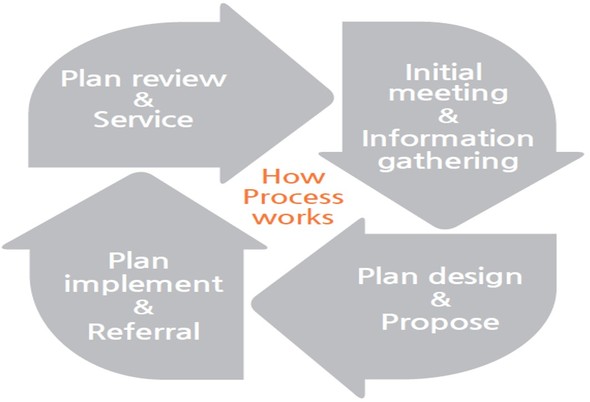 Initial meeting & information gathering, plan design & propose, plan implement & referral, plan review & service as the steps of How Process Works
